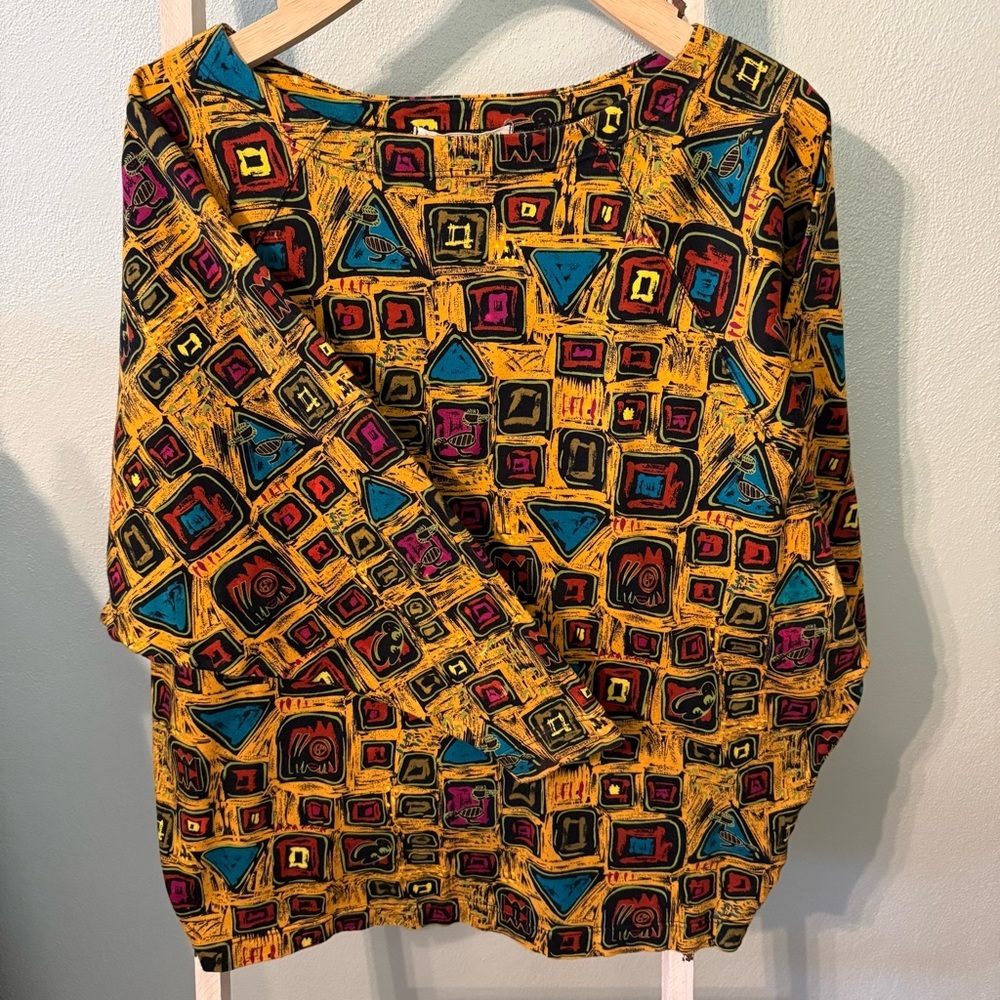 Vintage Anne Pinkerton Abstract Tribal Geometric Cotton Top Made in Japan Size M